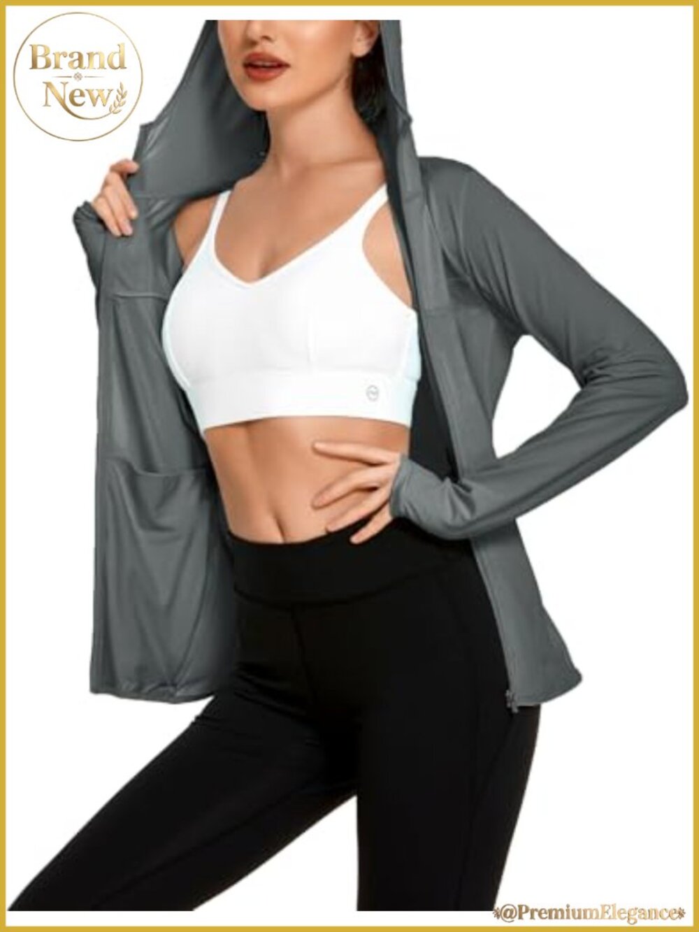 UPF 50+ Sun Protection Hoodie Long Sleeve Workout Jacket Thumbholes Zip Pockets
